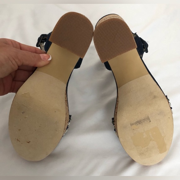 NWOB Nine West denim cork chunky heel platform with sequins and beaded accents. - Picture 6 of 14